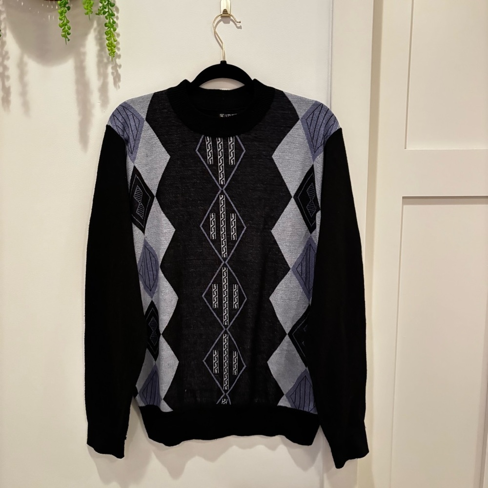 Kemistry Black, Gray & Blue Argyle Men's Crewneck Vintage Style Sweater Size L